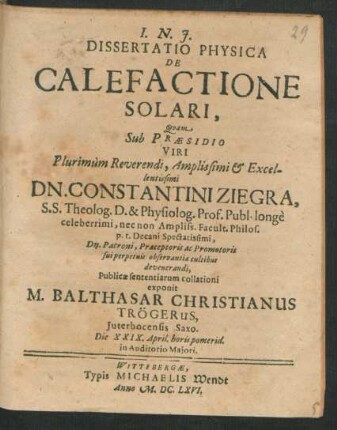 Dissertatio Physica De Calefactione Solari