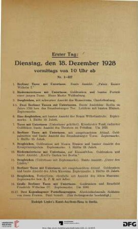 Erster Tag: Dienstag, den 18. Dezember 1928 vormittags von 10 Uhr ab (Nr. 1-317)