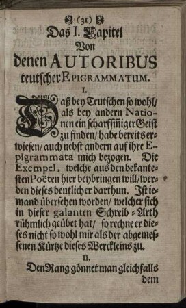 Das I. Capitel. Von denen Autoribus teutscher Epigrammatum