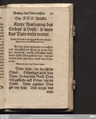 Der XXX. Artickel. Kurtze Auslegung des Gebets Christi/ so man das Vater unser nennet.