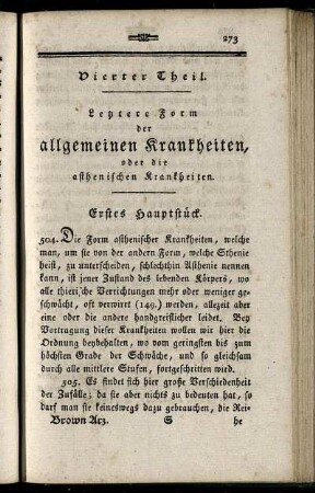 Vierter Theil. Letztere Form der allgemeinen Krankheiten, oder die asthenischen Krankheiten. / Erstes Hauptstück.