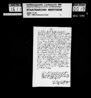 Andreas Werrer zu Remlingen (Remblingen) verkauft an Graf Maximilian Karl zu Löwenstein etc. 1 Morgen 24 Ruthen Wiesen im Brübel um 204 Gulden.