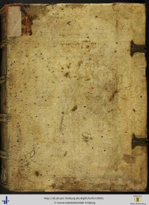 Vorderdeckel (oben, teilweise verwischt, 15. Jh.: „Ecclesiastica historia Eusebii translata a Rufino in Latinam linguam“).