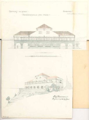 Pension am Meer Monatskonkurrenz Februar 1906: Aufriss Ansicht vom Meer 1:100; perspektivische Ansicht; Maßstabsleiste
