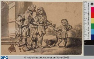 Mann und Frau, die ein Kind an der Hand hält, im Gespräch