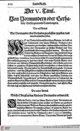 Fünffter Titul Art. I Wie Vormunder oder Gerhaben zugelassen / gegeben / und verordnet werden sollen