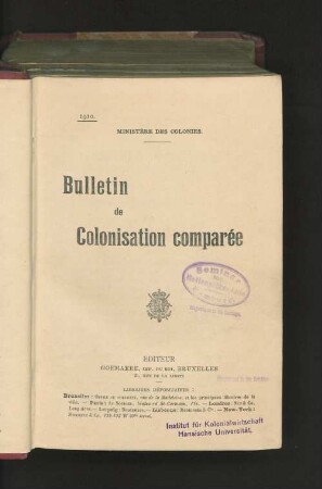 1911: Bulletin de colonisation comparée