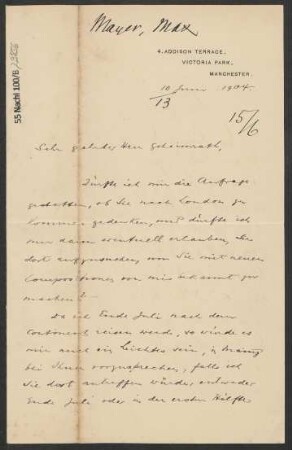 Brief an Ludwig Strecker  und B. Schott's Söhne : 10.06.1904