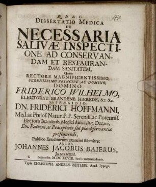 Dissertatio Medica De Necessaria Salivae Inspectione Ad Conservandam Et Restaurandam Sanitatem