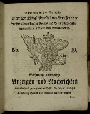 No. 19. Montags, den 8ten May 1780.
