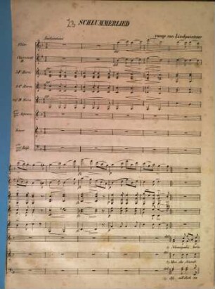 Schlummerlied : für 2 Sopr., Tenor, 2 Bäße, Flöten, Clarinetten u. 6 Hörner