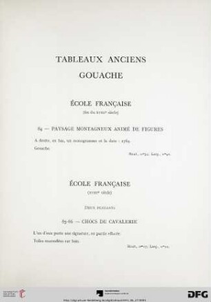 Tableaux anciens:Gouache (Nr. 84-91) avec planche XVII-XVIII