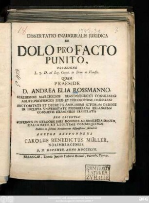Dissertatio Inauguralis Juridica De Dolo Pro Facto Punito, Occasione L. 7. D. ad Leg. Cornel. de Sicar. et Venefic.
