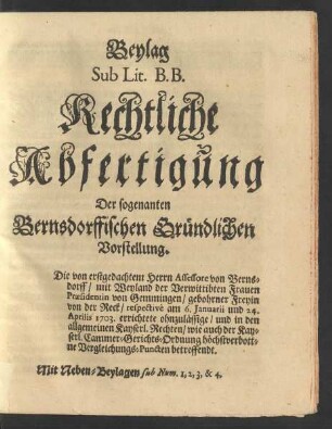 Beylag Sub Lit. BB. Rechtliche Abfertigung Der sogenannten Bernsdorffischen Gründlichen Vorstellung