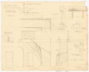 Haus Jansen, Berlin-Grunewald: Treppe zum Dachgeschoss: Grundrisse und Aufrisse 1:10, Geländerprofile und -anschlüsse, Schranktürdetail 1:1