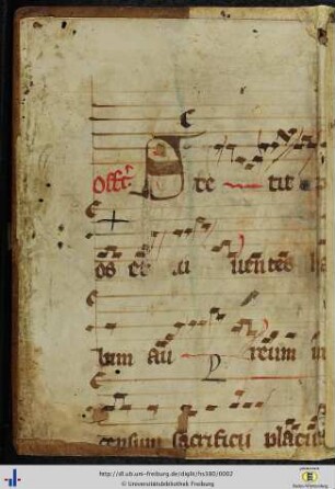[Vorderer Spiegel] Graduale mit römischer Choralnotation auf 5 Linien; Offertorium: "Stetit pontifex iuxta mortuos …" Aus der Missa pro vitanda mortalitate vel tempore pestilentiae (Pergamenths. des 15. Jhs.).