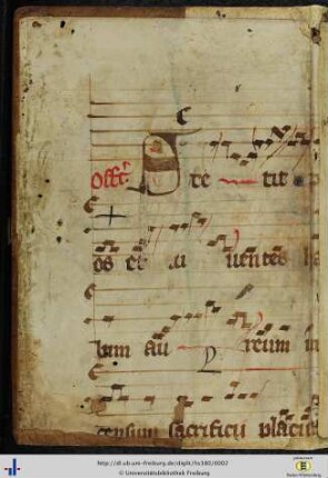 [Vorderer Spiegel] Graduale mit römischer Choralnotation auf 5 Linien; Offertorium: "Stetit pontifex iuxta mortuos …" Aus der Missa pro vitanda mortalitate vel tempore pestilentiae (Pergamenths. des 15. Jhs.).