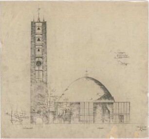Gsaenger, Gustav; Kassel (Hessen); Kreuzkirche, Wiederaufbau - Eingabeplan zum Wiederaufbau, Nordseite (Ansicht)