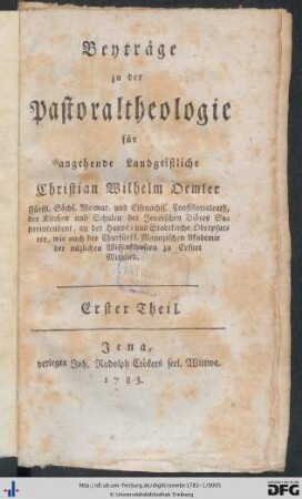 Erster Theil: Beyträge zu der Pastoraltheologie für angehende Landgeistliche