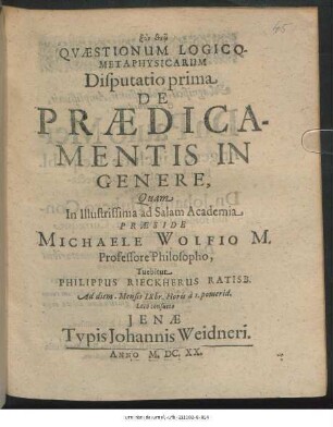 Quaestionum Logico-Metaphysicarum Disputatio prima De Praedicamentis In Genere