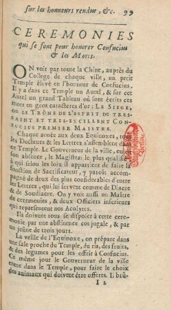 Ceremonies qui se font pour honorer Confucius & les Moris