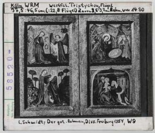Westfälisches Triptychon, Flügel mit Verkündigung, Geburt Christi. Köln, Wallraf-Richartz-Museum