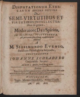 Disputationum Ethicarum Decima Septima De Semi-Virtutibus Et Virtutibus Intellectualibus in genere