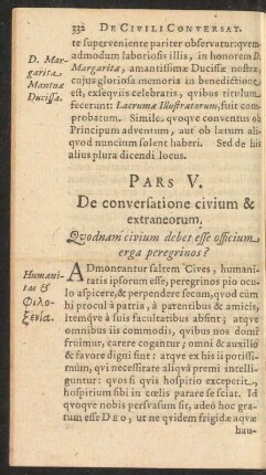 Pars V. De conversatione civium & extraneorum.