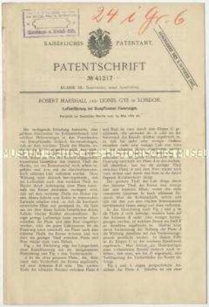 Patentschrift einer Luftzuführung bei Dampfkessel-Feuerungen, Patent-Nr. 41217