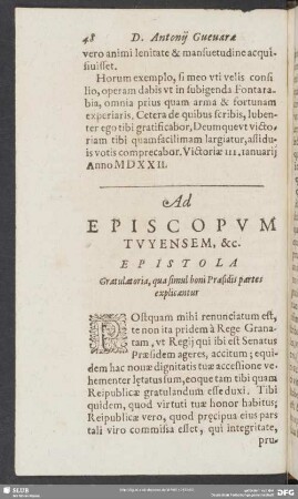 Ad Episcopum Tuyensem, &c. Epistola Gratulatoria, qua simul boni Praesidis partes explicantur