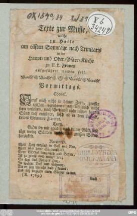 Texte zur Music, welche zu Halle am eilften Sonntage nach Trinitatis in der Haupt- und Ober-Pfarr-Kirche zu U.L. Frauen aufgeführet werden soll