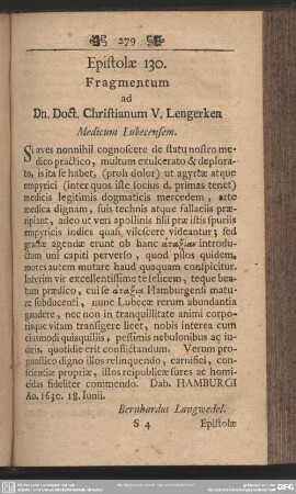 Epistolae 130. Fragmentum ad Dn. Doct. Christianum V. Lengerken Medicum Lubecensem
