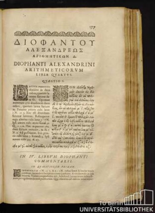 Diophanti Alexandrini Arithmeticorum Liber Quartus.