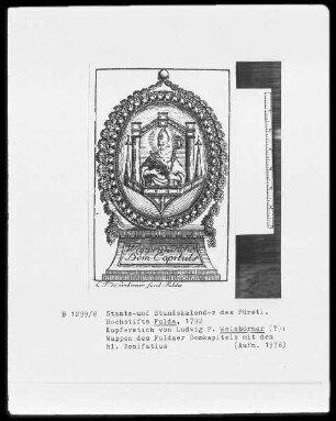 Des Fürstlichen Hochstifts Fulda Staats-und Standskalender auf das Jahr 1792 — Wappen des Fuldaer Domkapitels mit dem heiligen Bonifatius