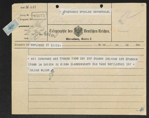 Brief von Julius Elias an Gerhart Hauptmann