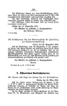 Dauer und Lage der Ferien für die Volksschulen : [E. Öffentliches Volksschulwesen]