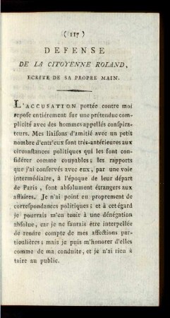 Defense De La Citoyenne Roland, Ecrite De Sa Propre Main.