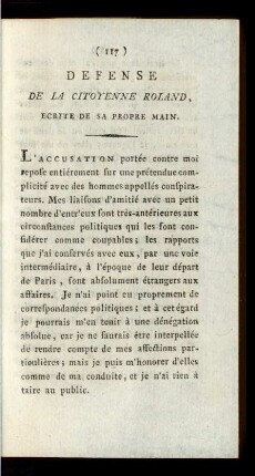 Defense De La Citoyenne Roland, Ecrite De Sa Propre Main.
