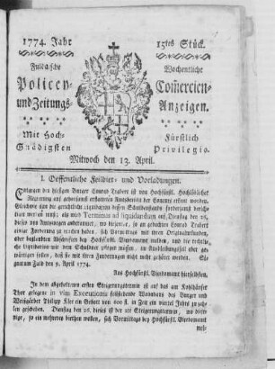 15tes Stück., Ausgabe vom 13. April 1774