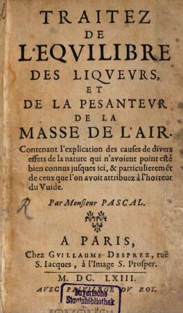 Traités de l'equilibre des liqueurs