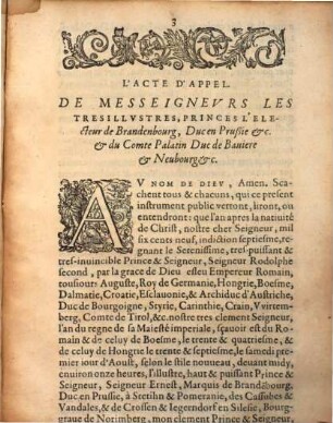 L' acte d'appel de ... l'Electeur de Brandenbourg ... et du Comte Palatin du Rhin