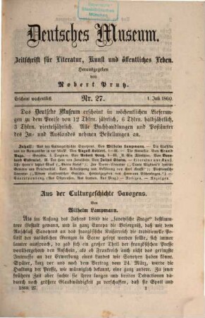 Deutsches Museum : Zeitschrift für Literatur, Kunst u. öffentliches Leben. 10,[2] = Nr. 27 - 52. 1860