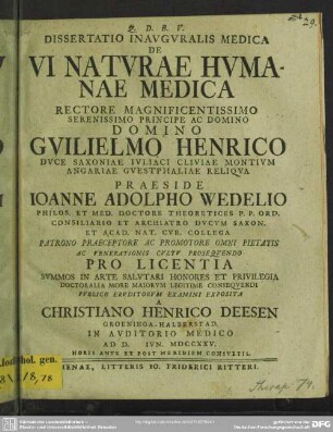Dissertatio Inauguralis Medica De Vi Naturae Humanae Medica