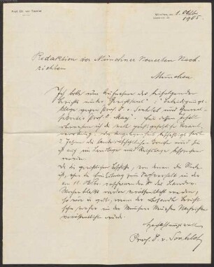 Nachlass von Friedrich Möhl (1875-1957): Brief von Franz von Soxhlet an die Redaktion der Münchner Neuesten Nachrichten – BSB Ana 641 Soxhlet, Franz von