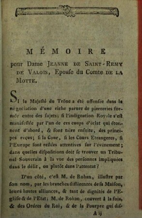 Histoire du collier ou mémoire de la dame Comt. de la Motte contre M. le Card. de Rohan et le soid. Comte de Cagliostro