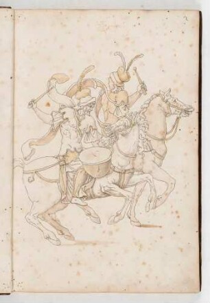 Paukenspieler auf trabenden Pferden, in: Equestrium statuarum [...] formae [...] artificiosissime pictis, Bl. 2