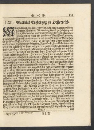 LXII. Matthias Ertzhertzog zu Oesterreich