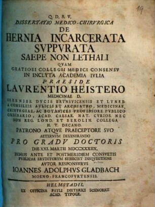 Dissertatio Medico-Chirvrgica De Hernia Incarcerata Svppvrata Saepe Non Lethali