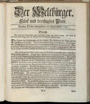 Fünf und dreißigstes Blatt. Berlin, Donnerstags den 28. September 1741.