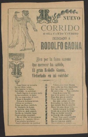 Nuevo corrido o sea canto taurino dedicado a Rodolfo Gaona